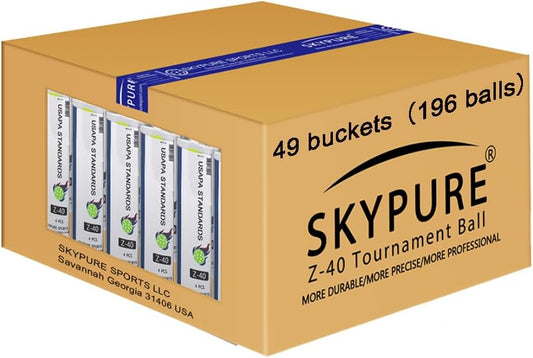 SKYPURE Z-40 比赛用球，196 个球/49 桶，非常适合匹克球机使用。高可见度亮绿色，40 个孔，纹理表面确保弹跳稳定。室内/室外均可使用，适合所有技能水平。符合 USAPA 标准，优质匹克球。
