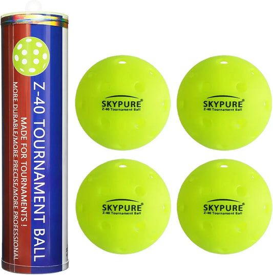 SKYPURE Z-40 比赛用球，4 个装，非常适合匹克球机使用。高可见度亮绿色，40 个孔，纹理表面确保弹跳稳定。室内/室外均可使用，适合所有技能水平。符合 USAPA 标准，优质匹克球。