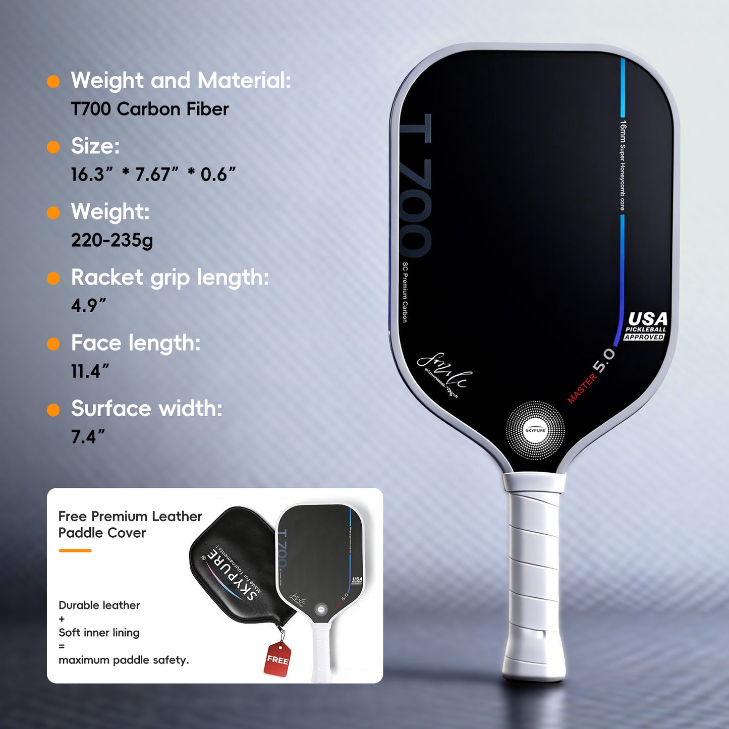 SkyPure Master 5.0 战术突击型匹克球拍 - 采用专有的时间冻结技术，专为追求战术打法的进阶球员设计，专业级工程，可实现精准落点、旋转控制和击球变化。