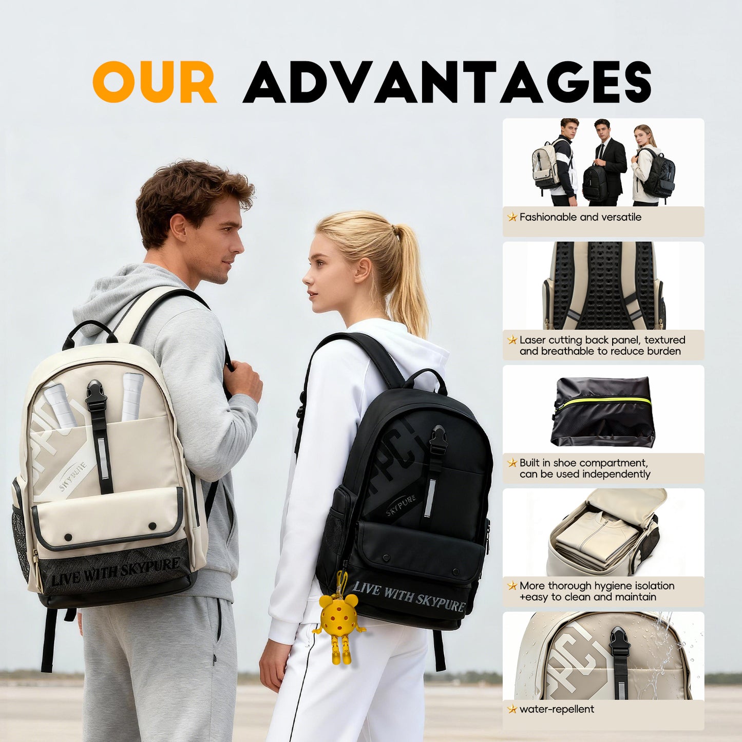 SKYPURE官方授权SKYPURE三合一匹克球背包——全球首款适用于匹克球运动、商务及旅行的多场景背包，激光雕刻透气背板，专业装备收纳