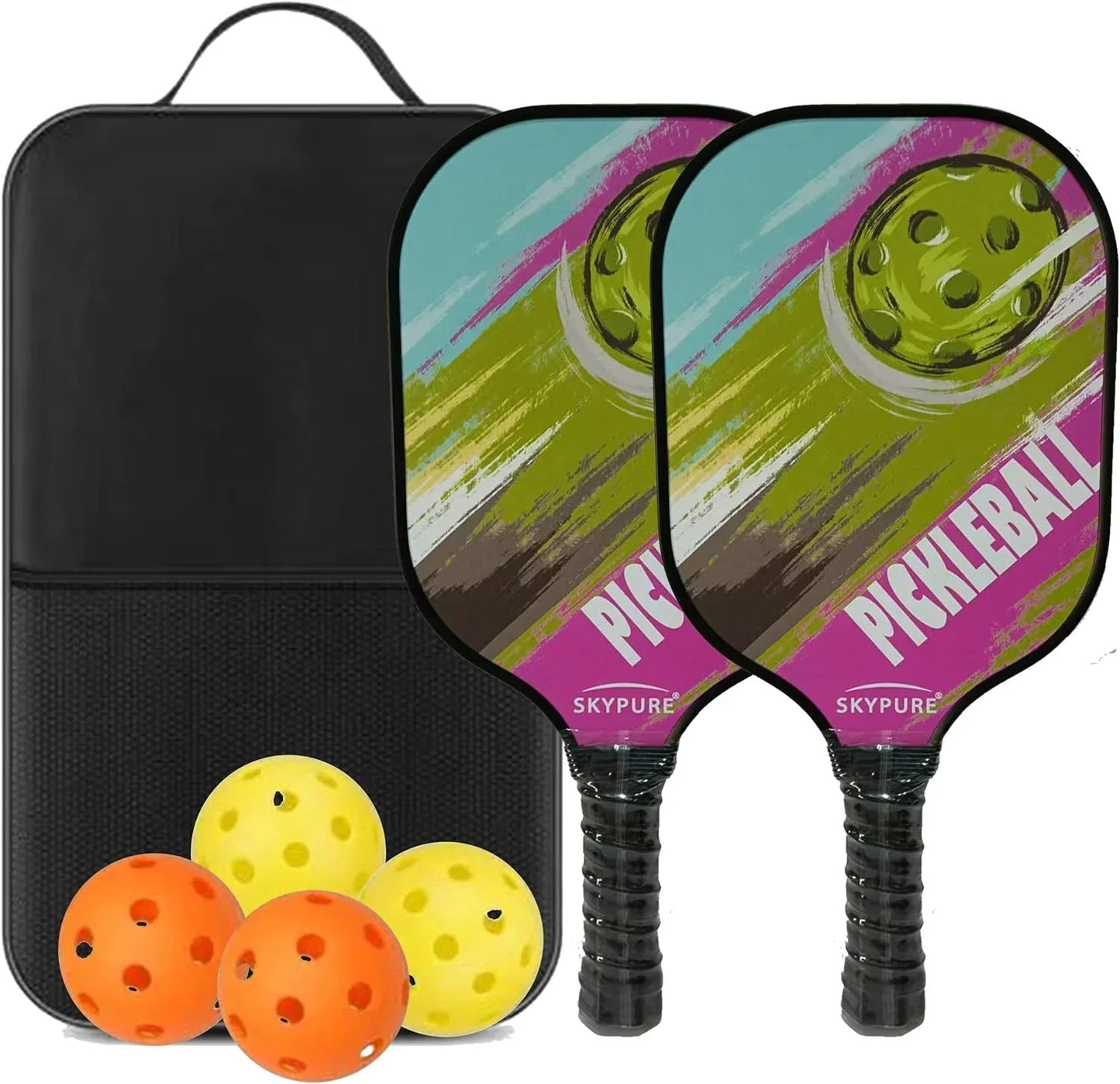 匹克球拍套装，2支球拍，符合美国匹克球协会（USAPA）标准的轻型匹克球拍，耐用的玻璃纤维拍面，聚丙烯蜂窝芯，舒适握柄，4个匹克球和一个球拍包