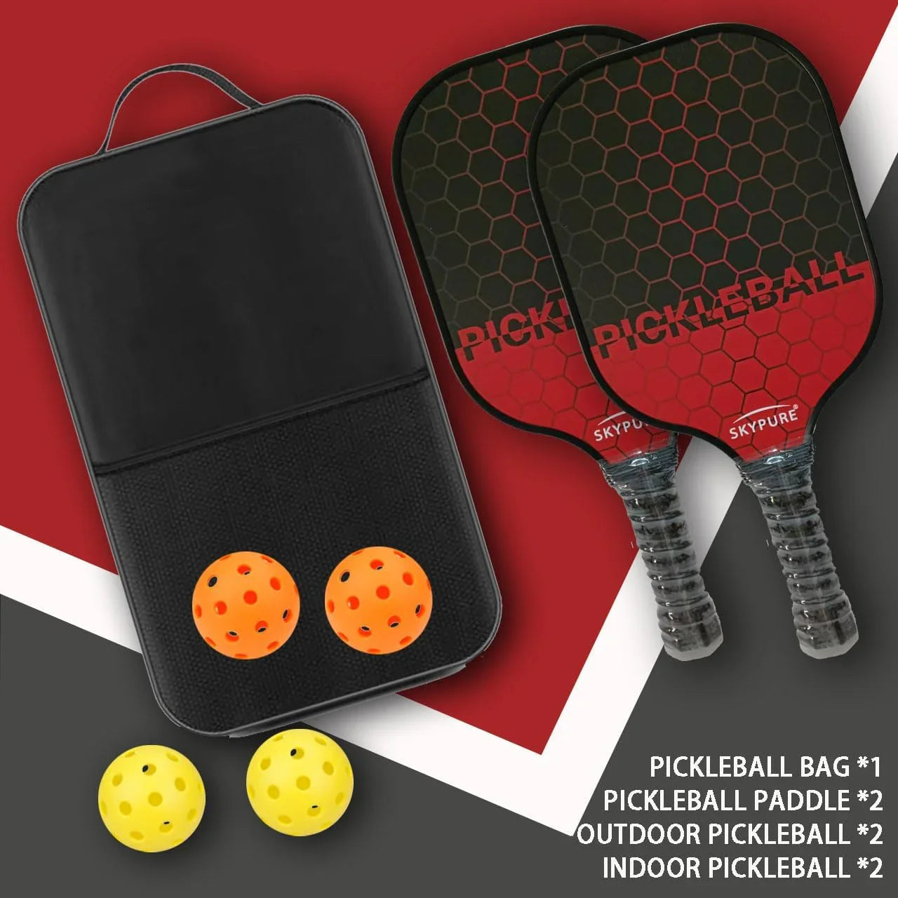 匹克球拍套装，2支球拍，符合美国匹克球协会（USAPA）标准的轻型匹克球拍，耐用的玻璃纤维拍面，聚丙烯蜂窝芯，舒适握柄，4个匹克球和一个球拍包