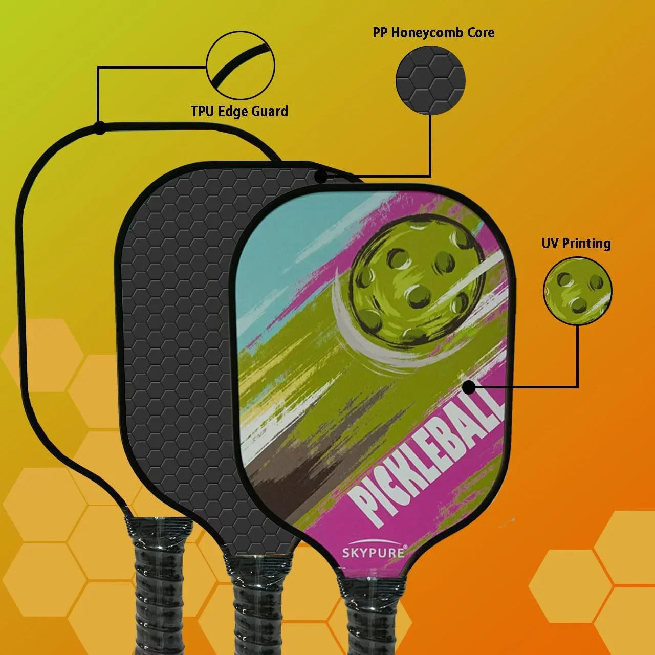 匹克球拍套装，2支球拍，符合美国匹克球协会（USAPA）标准的轻型匹克球拍，耐用的玻璃纤维拍面，聚丙烯蜂窝芯，舒适握柄，4个匹克球和一个球拍包